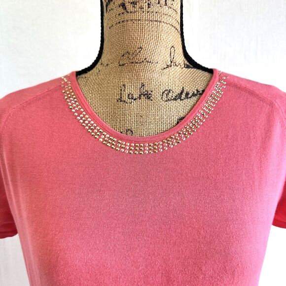 VDP Collection Coral Women's Rhinestone Scoop Neck Short Sleeve Sweater Top Sz M - Picture 4 of 15